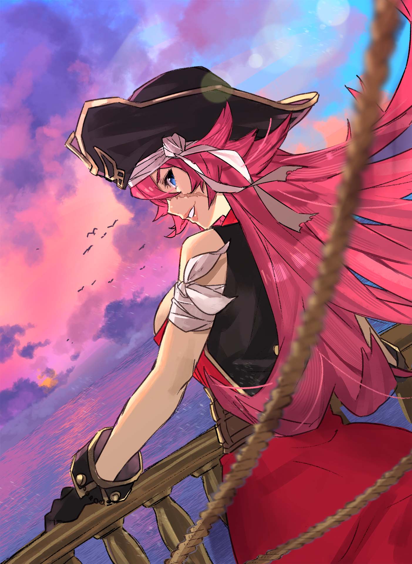 1girl black_gloves blue_eyes blurry_foreground breasts facial_scar fate/grand_order fate_(series) francis_drake_(fate) from_behind gloves hat highres large_breasts ocean pink_hair pirate_hat rope scar ship sunset teshima_nari watercraft
