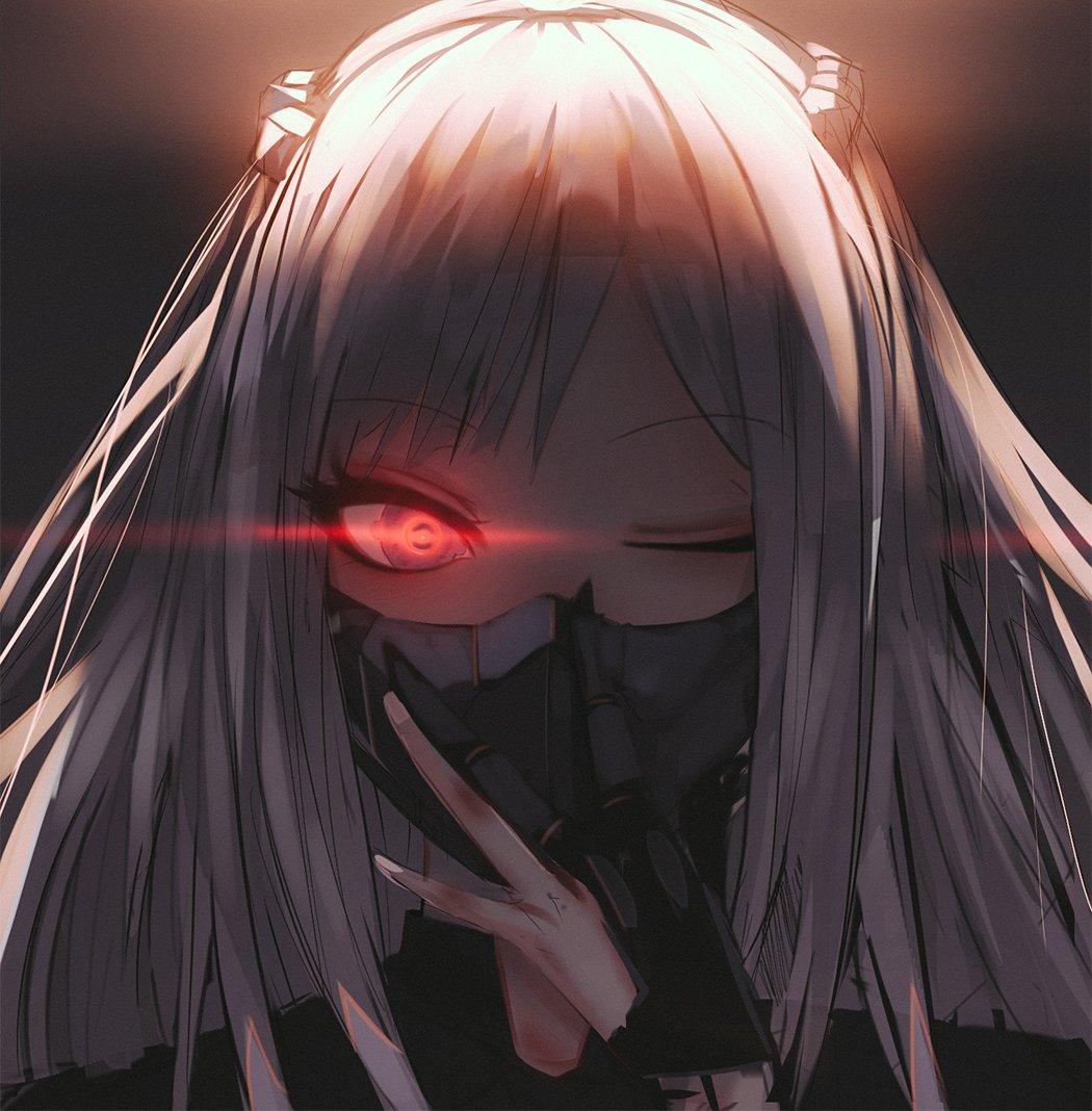 1girl ak-12_(girls_frontline) bangs black_gloves blood braid ehrrr eyebrows_visible_through_hair french_braid girls_frontline gloves glowing glowing_eyes hand_up long_hair long_sleeves looking_at_viewer one_eye_closed partly_fingerless_gloves portrait red_eyes ribbon sidelocks silver_hair solo torn_clothes torn_gloves very_long_hair