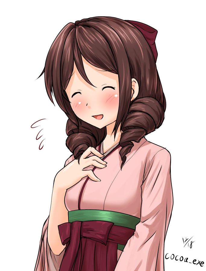 1girl blush bow brown_hair closed_eyes cocoa_(cocoa0191) dated drill_hair hair_bow hakama hands_on_own_chest harukaze_(kantai_collection) japanese_clothes kantai_collection kimono meiji_schoolgirl_uniform open_mouth pink_kimono red_bow red_eyes red_hakama simple_background smile solo twin_drills twitter_username upper_body white_background