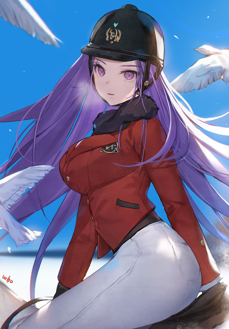 1girl animal bird blue_sky breasts commentary_request day fate/stay_night fate_(series) fur_collar helmet jacket large_breasts long_hair long_sleeves looking_at_viewer looking_to_the_side outdoors pants parted_lips purple_hair red_jacket rider riding signature sitting sky solo very_long_hair violet_eyes white_pants whoisshe