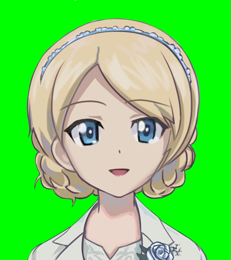 1girl ace_combat ace_combat_7 blonde_hair blue_eyes braid commentary_request crown_braid darjeeling eyebrows_visible_through_hair flower girls_und_panzer green_background lapel_flower look-alike open_mouth rosa_cossette_d'elise rose smile spirit_chiasma white_flower white_rose