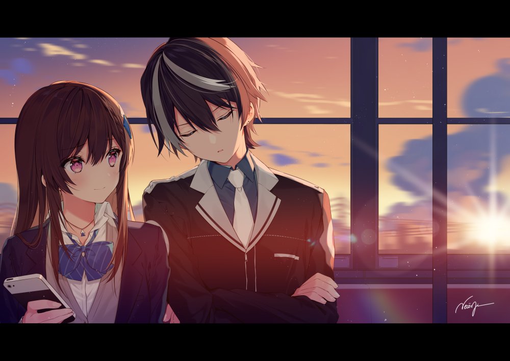 1boy 1girl bangs black_hair black_jacket blazer blue_jacket blue_neckwear blue_shirt blush bow bowtie brother_and_sister brown_hair cardigan cellphone cityscape closed_eyes closed_mouth clouds cocoa_music collared_shirt commentary_request crossed_arms diffraction_spikes doumyouji_cocoa doumyouji_haruto evening game_club_project hair_between_eyes hair_ornament head_tilt holding holding_phone indoors jacket jewelry letterboxed light_particles long_hair long_sleeves motion_blur multicolored_hair necklace necomi orange_sky phone pink_eyes power_lines school_uniform shirt short_hair siblings side-by-side sidelocks signature sitting sky smartphone smile striped striped_neckwear sunset train_interior two-tone_hair upper_body virtual_youtuber white_hair white_neckwear white_shirt wing_collar
