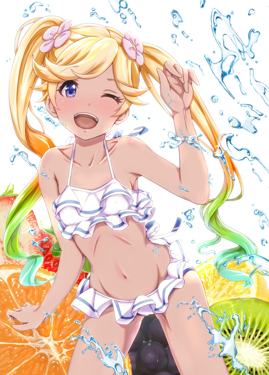 1girl bikini bikini_bottom bikini_top blonde_hair blue_eyes blush flower food fruit granblue_fantasy grapes hair_flower hair_ornament highres io_euclase keepvalley kiwi_slice kiwifruit lemon lemon_slice long_hair multicolored_hair one_eye_closed open_mouth orange orange_slice solo strawberry swimsuit twintails very_long_hair water