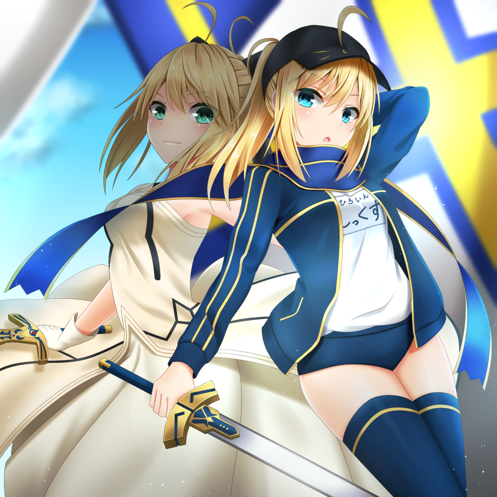 2girls artoria_pendragon_(all) black_hat black_legwear blonde_hair blue_buruma blue_eyes blue_jacket blue_scarf blue_sky blurry blurry_background buruma character_name dress excalibur eyebrows_visible_through_hair fate_(series) gloves green_eyes gym_uniform hair_between_eyes hat holding holding_sword holding_weapon jacket long_dress long_hair looking_at_viewer multiple_girls mysterious_heroine_x open_clothes open_jacket open_mouth peaked_cap ponytail saber_lily santarou scarf shirt sidelocks sky sleeveless sleeveless_dress strapless strapless_dress sword thigh-highs weapon white_dress white_gloves white_shirt