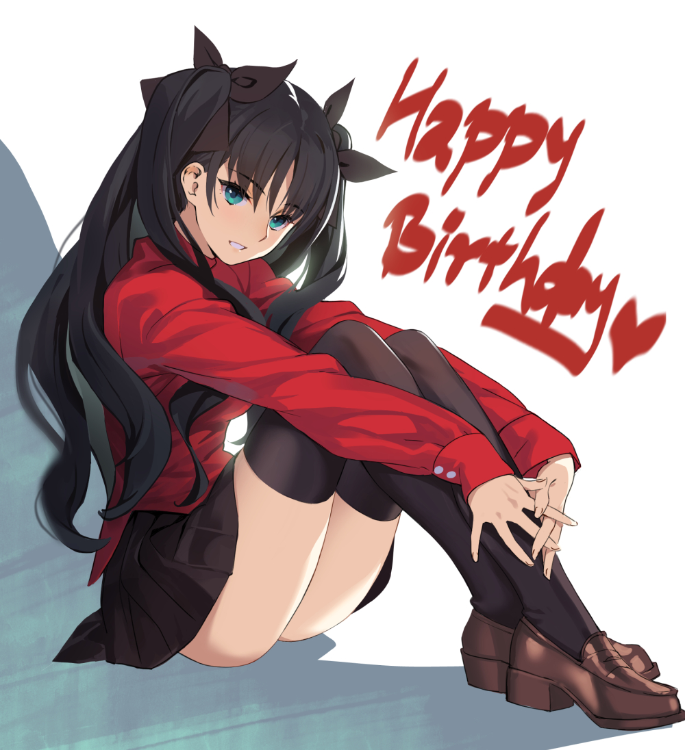 1girl ass black_hair black_legwear black_skirt blue_eyes brown_footwear english_text eyebrows_visible_through_hair fate/stay_night fate_(series) full_body hair_ribbon happy_birthday lazexiii loafers long_hair long_sleeves pleated_skirt red_sweater ribbon shoes sitting skirt smile solo sweater thigh-highs tohsaka_rin turtleneck two_side_up