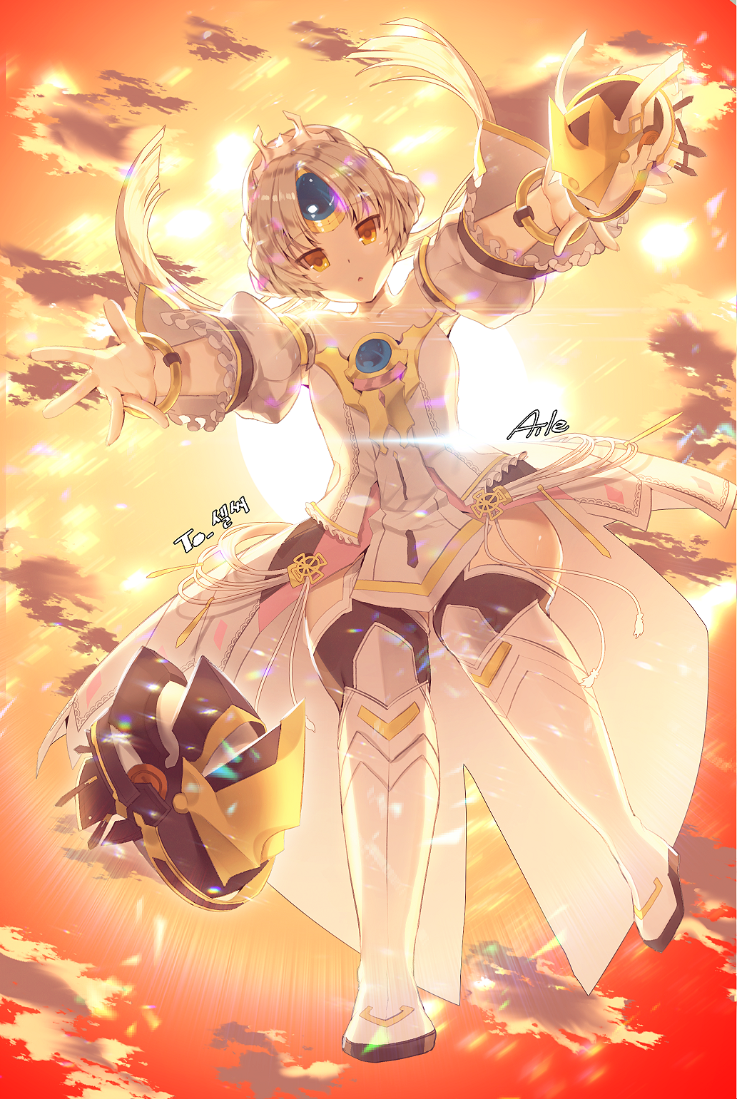 1girl aile_(crossroads) artist_name bare_shoulders black_legwear boots code:_empress_(elsword) dress elsword eve_(elsword) expressionless forehead_jewel highres jitome knee_boots long_hair looking_at_viewer moby_(elsword) outstretched_arms remy_(elsword) robot spread_arms thigh-highs twintails white_dress white_footwear white_hair white_sleeves yellow_eyes zettai_ryouiki