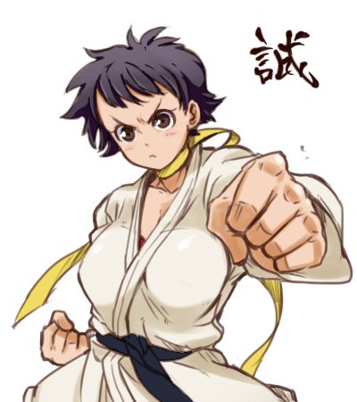 0721kin29n 1girl black_hair bra breasts brown_eyes choker clenched_hands collarbone commentary_request dougi fighting_stance frown lowres makoto_(street_fighter) red_bra ribbon_choker short_hair solo street_fighter street_fighter_iii_(series) underwear v-shaped_eyebrows