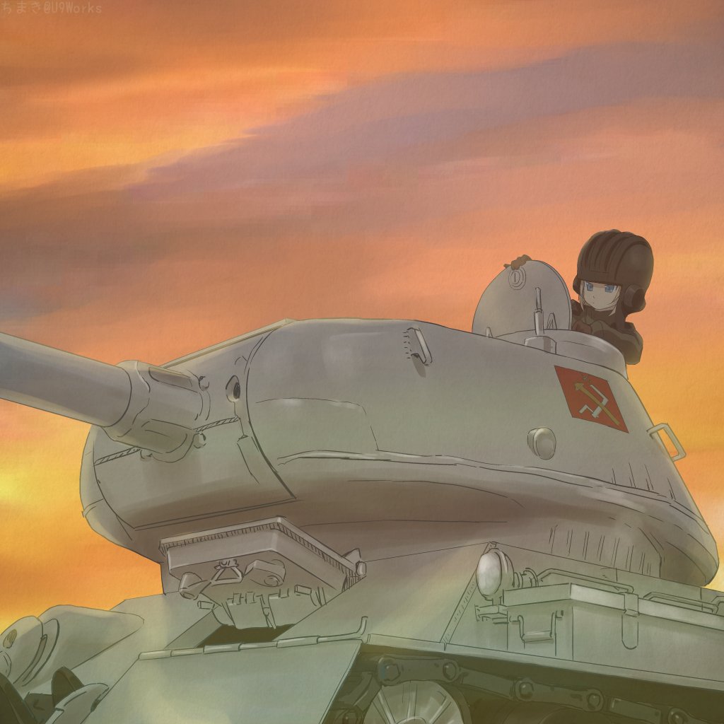 1girl akagi_(fmttps) artist_name black_gloves black_hat blonde_hair blue_eyes closed_mouth commentary emblem frown girls_und_panzer gloves green_jumpsuit ground_vehicle hat helmet katyusha long_sleeves military military_uniform military_vehicle motor_vehicle orange_sky outdoors pravda_(emblem) pravda_military_uniform short_hair sky solo tank tank_helmet twilight twitter_username uniform vehicle_request