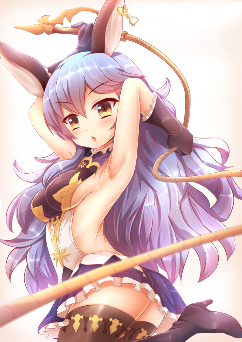 1girl animal_ears armpits backless_outfit black_legwear blue_hair blush boots breasts ferry_(granblue_fantasy) granblue_fantasy jewelry kane-neko long_hair medium_breasts miniskirt sideboob single_earring skirt solo thigh-highs thigh_boots twisted_torso very_long_hair whip white_background yellow_eyes zettai_ryouiki