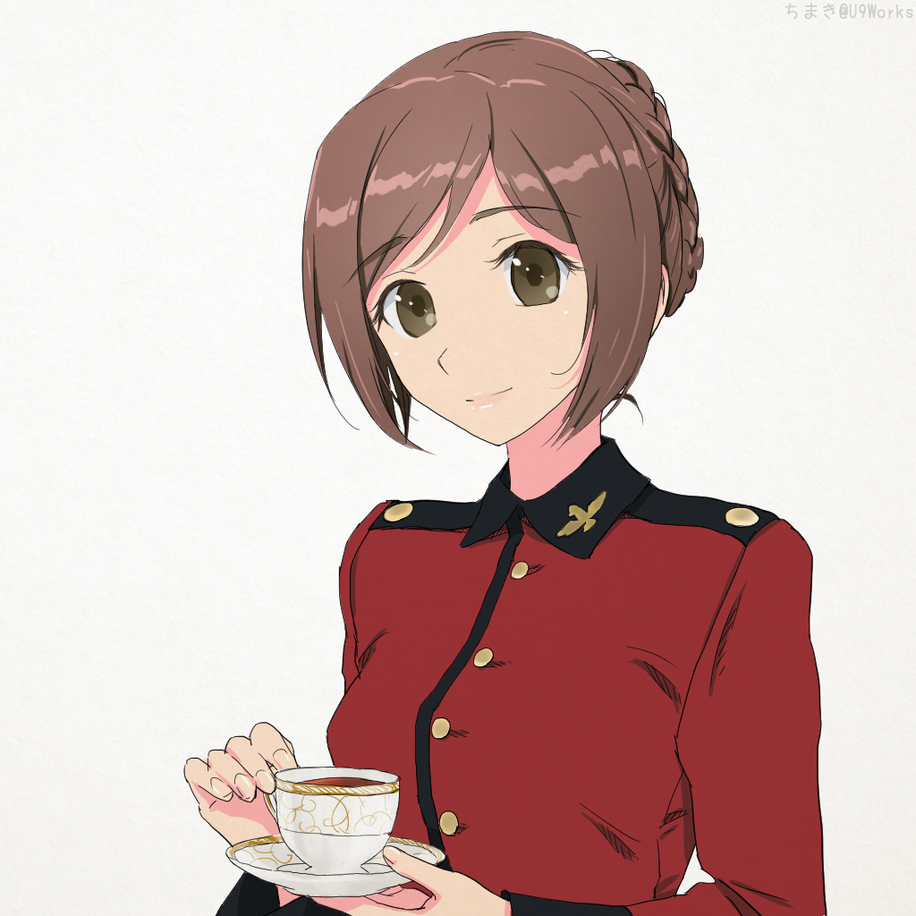 1girl akagi_(fmttps) artist_name bangs braid brown_eyes brown_hair closed_mouth crown_braid cup epaulettes eyebrows_visible_through_hair girls_und_panzer head_tilt holding holding_cup holding_saucer jacket lips long_sleeves looking_at_viewer military military_uniform nilgiri no_eyewear red_jacket saucer short_hair simple_background smile solo st._gloriana's_military_uniform teacup twitter_username uniform upper_body white_background