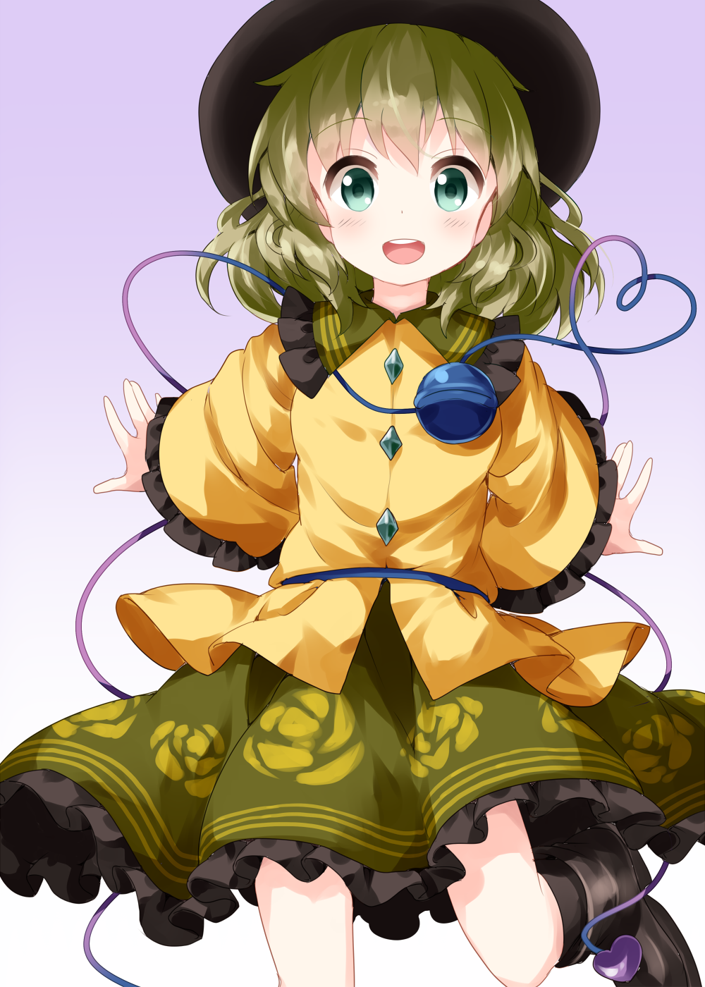 1girl :d black_footwear black_hat boots eyebrows_visible_through_hair floral_print frilled_shirt_collar frilled_skirt frilled_sleeves frills gradient gradient_background green_eyes green_hair green_skirt hat heart heart_of_string highres komeiji_koishi long_sleeves looking_at_viewer medium_hair open_mouth print_skirt purple_background ruu_(tksymkw) shirt simple_background skirt smile solo third_eye touhou wide_sleeves yellow_shirt