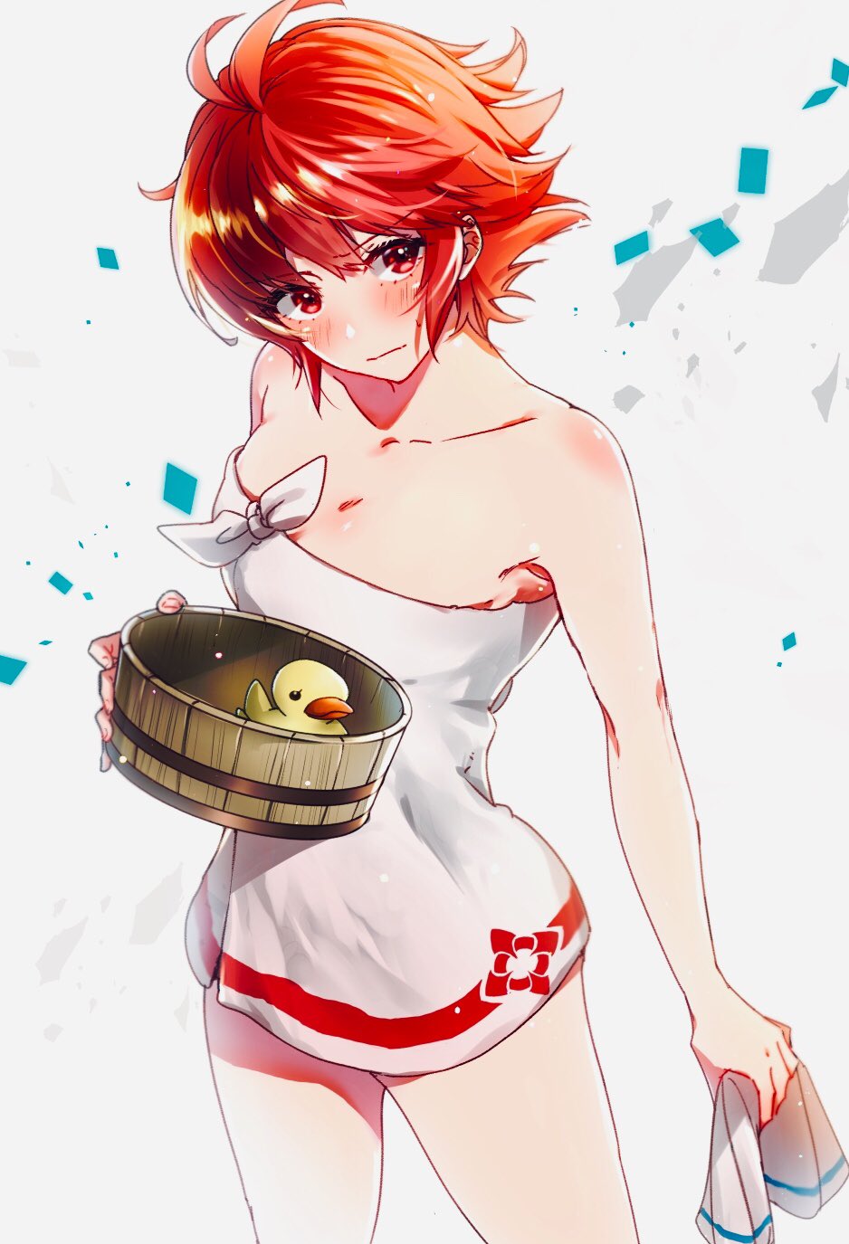 1girl blush bucket closed_mouth fire_emblem fire_emblem_heroes fire_emblem_if highres hinoka_(fire_emblem_if) holding holding_bucket naked_towel nekolook nintendo red_eyes redhead rubber_duck short_hair simple_background solo towel white_background wooden_bucket