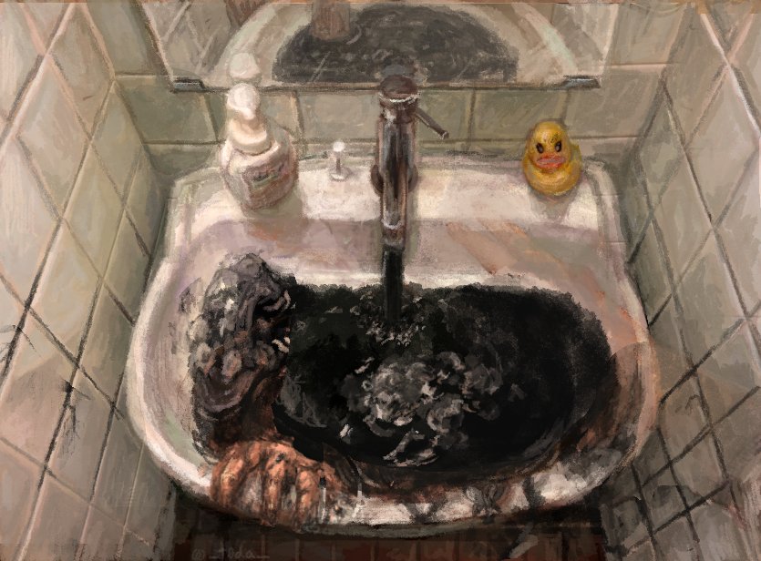 bathroom fate/grand_order fate_(series) faucet faux_traditional_media horror_(theme) mirror reflection rubber_duck sink soap_bottle solo t0da tile_wall tiles water