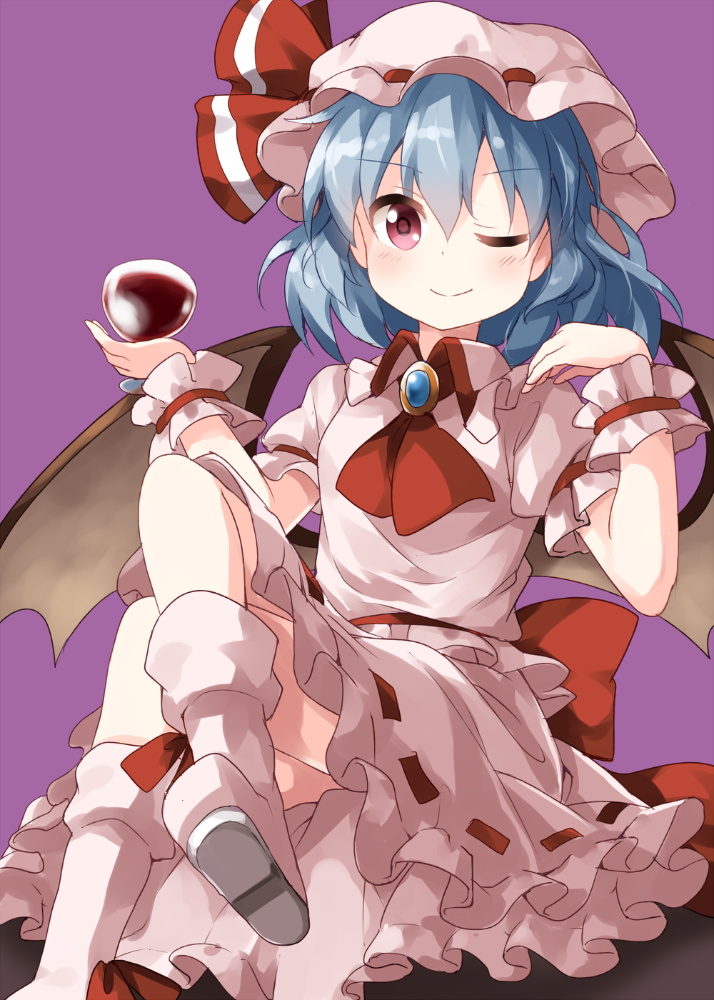 1girl ;) alcohol ascot bat_wings blue_hair boots brooch cup cupping_glass drinking_glass eyebrows_visible_through_hair hat hat_ribbon highres jewelry legs_crossed looking_at_viewer medium_hair mob_cap one_eye_closed puffy_short_sleeves puffy_sleeves purple_background red_eyes red_neckwear remilia_scarlet ribbon ruu_(tksymkw) short_sleeves simple_background sitting skirt skirt_set smile solo touhou wine wine_glass wings wrist_cuffs