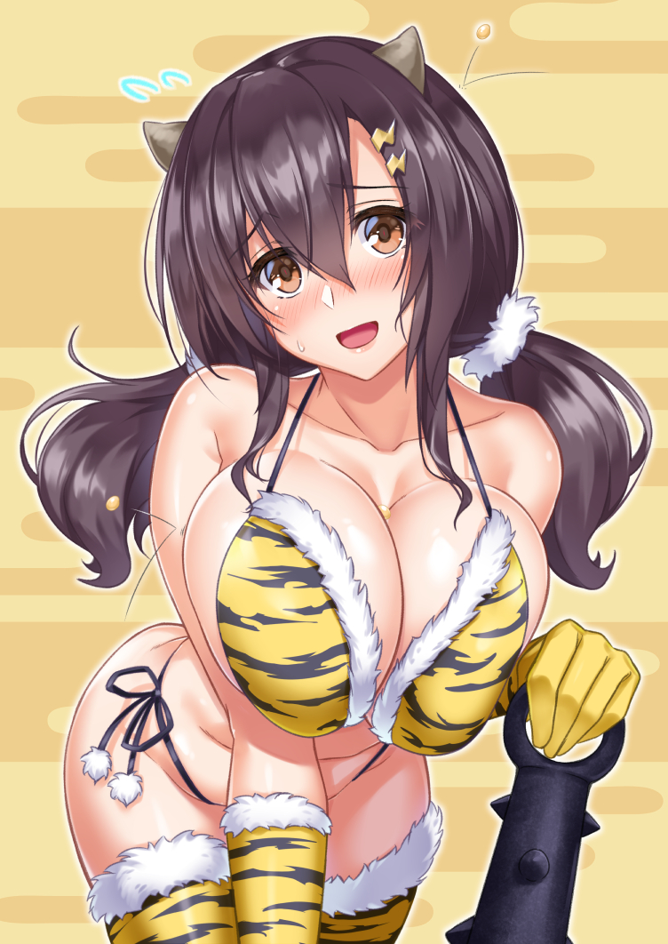 1girl alternate_costume animal_print azur_lane beans bending_forward black_hair black_panties blush breast_press breasts brown_eyes cleavage club commentary_request hair_between_eyes hair_ornament hairclip horn horns ken_ill large_breasts looking_at_viewer midriff nagara_(azur_lane) nose_blush oni oni_horns open_mouth panties parted_lips setsubun shiny shiny_skin side-tie_panties sidelocks thigh-highs thighs throwing tiger_print twintails underwear weapon