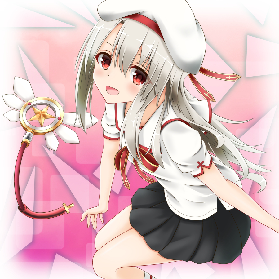 1girl :d black_skirt eyebrows_visible_through_hair fate/kaleid_liner_prisma_illya fate_(series) hair_between_eyes hat hat_ribbon illyasviel_von_einzbern invisible_chair long_hair looking_at_viewer magical_ruby miniskirt neck_ribbon open_mouth pleated_skirt red_eyes red_ribbon ribbon sailor_collar santarou shiny shiny_hair shirt short_sleeves silver_hair sitting skirt smile solo very_long_hair white_hat white_legwear white_sailor_collar white_shirt