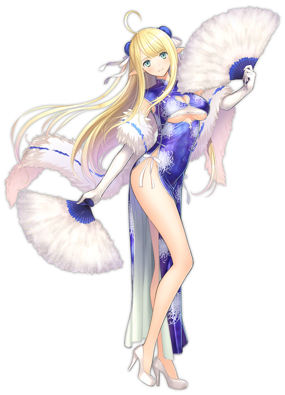 1girl ahoge azur_lane bare_legs blonde_hair blue_dress blush breasts centaur_(azur_lane) china_dress chinese_clothes cleavage cleavage_cutout closed_mouth dress elbow_gloves elf eyebrows_visible_through_hair fan full_body gloves green_eyes high_heels highres large_breasts long_hair looking_at_viewer official_art pointy_ears pumps side_slit smile tanaka_takayuki transparent_background under_boob very_long_hair