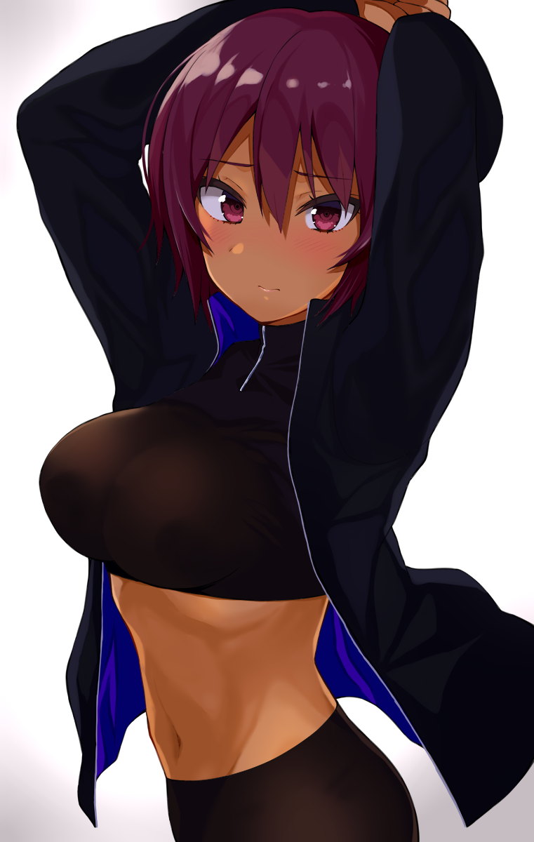 1girl arms_up bangs black_jacket black_shirt black_shorts blush breasts closed_mouth commentary_request covered_nipples crop_top dark_skin gomashi_(goma) gradient gradient_background groin hair_between_eyes highres jacket long_sleeves looking_at_viewer medium_breasts midriff navel open_clothes open_jacket original purple_hair shirt short_hair shorts solo stomach upper_body violet_eyes white_background