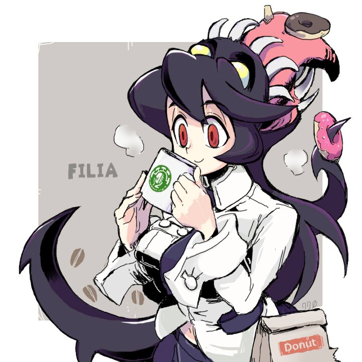 1girl 770mk bag black_hair character_name coffee coffee_mug cup doughnut eating extra_mouth filia_(skullgirls) food holding holding_cup living_hair long_hair long_tongue looking_down mug necktie open_mouth prehensile_hair red_eyes samson_(skullgirls) school_uniform sharp_teeth simple_background skullgirls smile steam teeth tongue