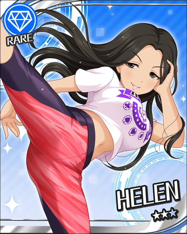 black_hair blush character_name green_eyes helen_(idolmaster) idolmaster idolmaster_cinderella_girls long_hair shirt smile stars