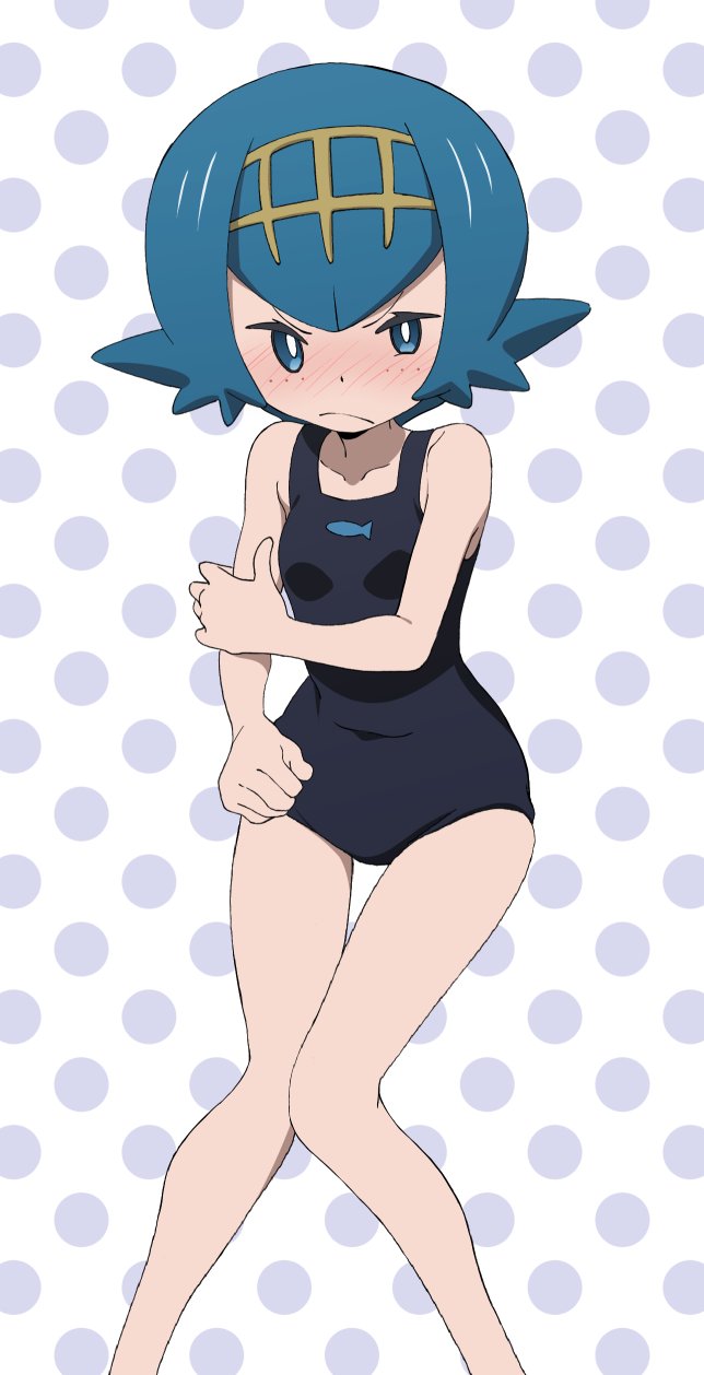 1girl blue_eyes blue_hair blush breasts closed_mouth creatures_(company) frown game_freak gensei00 hairband highres nintendo one-piece_swimsuit pokemon pokemon_(game) pokemon_sm polka_dot polka_dot_background short_hair small_breasts solo suiren_(pokemon) swimsuit trial_captain
