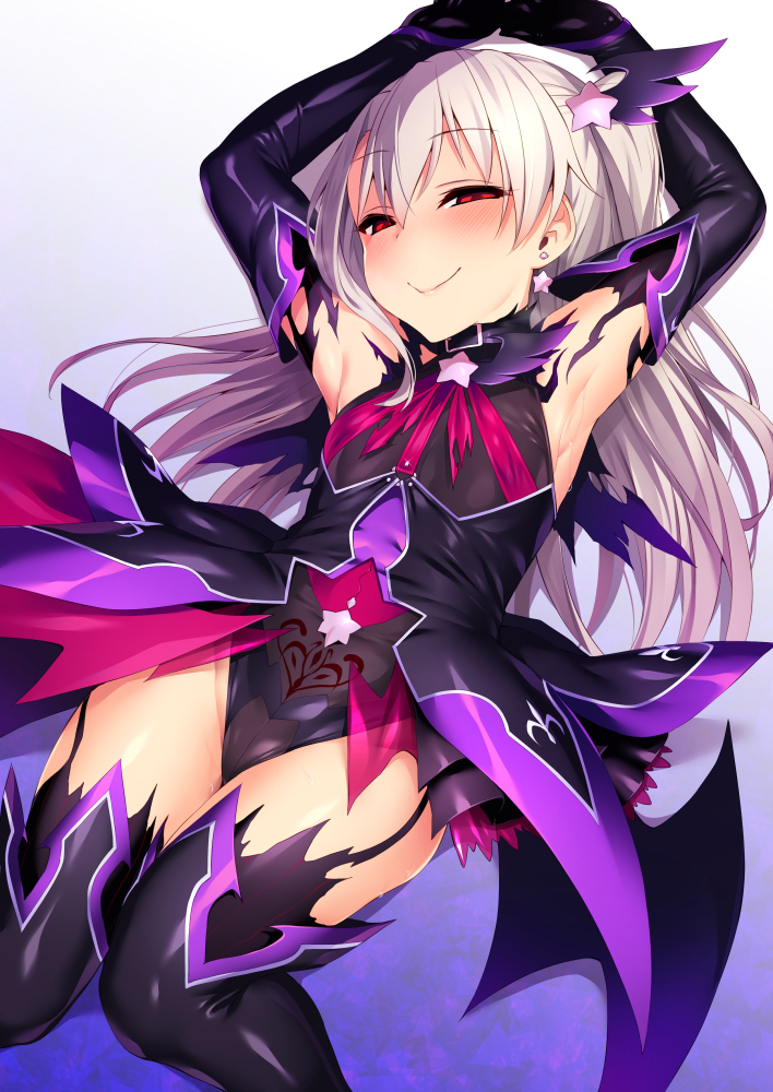 1girl arms_up bangs blue_eyes breasts commentary_request corruption dark_persona earrings elbow_gloves eyebrows_visible_through_hair fate/kaleid_liner_prisma_illya fate_(series) garter_straps gloves gradient gradient_background hair_between_eyes hair_ornament illyasviel_von_einzbern jewelry long_hair looking_at_viewer lying magical_girl on_back prisma_illya pubic_tattoo red_eyes satou_kuuki see-through showgirl_skirt small_breasts smile solo tattoo thigh-highs white_hair