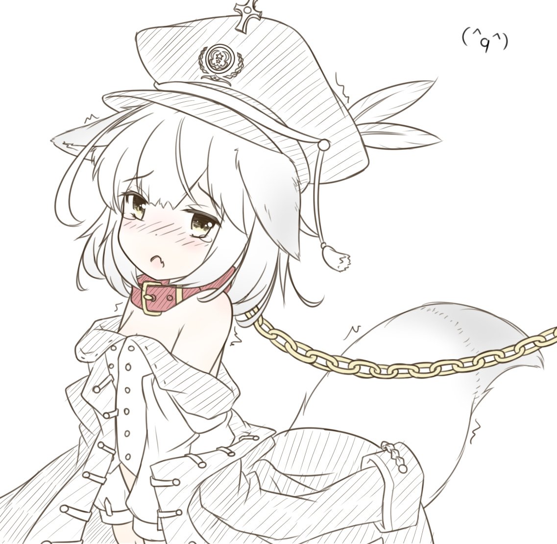 1girl ^q^ animal_ears bare_shoulders blush chains clothes_down commentary_request coreytaiyo d: fang feathers hat hat_feather jacket long_sleeves looking_at_viewer military_hat nose_blush open_mouth original shirt short_hair simple_background sketch spot_color tail tears twitching white_background wolf_ears wolf_tail