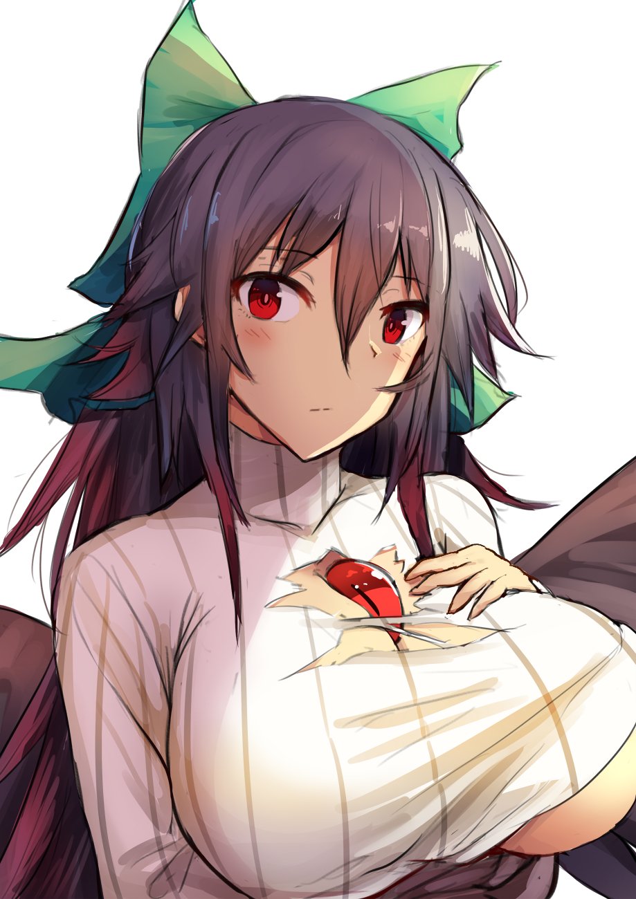 1girl alternate_costume bangs black_hair black_wings blush bow breasts cleavage commentary_request eyebrows_visible_through_hair green_bow hair_between_eyes hair_bow hand_on_own_chest highres huge_breasts long_hair long_sleeves looking_at_viewer red_eyes reiuji_utsuho ribbed_sweater simple_background solo sweater torn_sweater touhou turtleneck turtleneck_sweater uchisukui under_boob upper_body white_background white_sweater wings