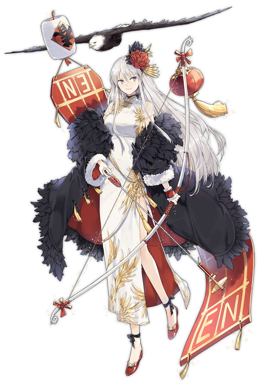 1girl alternate_costume ankle_ribbon arrow azur_lane bangs bird black_ribbon blush bow_(weapon) breasts china_dress chinese_clothes dress eagle earrings enterprise_(azur_lane) eyebrows_visible_through_hair feather-trimmed_coat feather_trim flight_deck flower full_body fur-trimmed_sleeves fur_trim gold_trim hair_flower hair_ornament hao_(patinnko) highres holding holding_arrow holding_bow_(weapon) holding_weapon hoop_earrings jewelry large_breasts long_hair looking_at_viewer neck_ribbon off_shoulder official_art pelvic_curtain red_flower red_footwear ribbon shoes sidelocks silver_hair smile solo transparent_background very_long_hair violet_eyes weapon white_dress