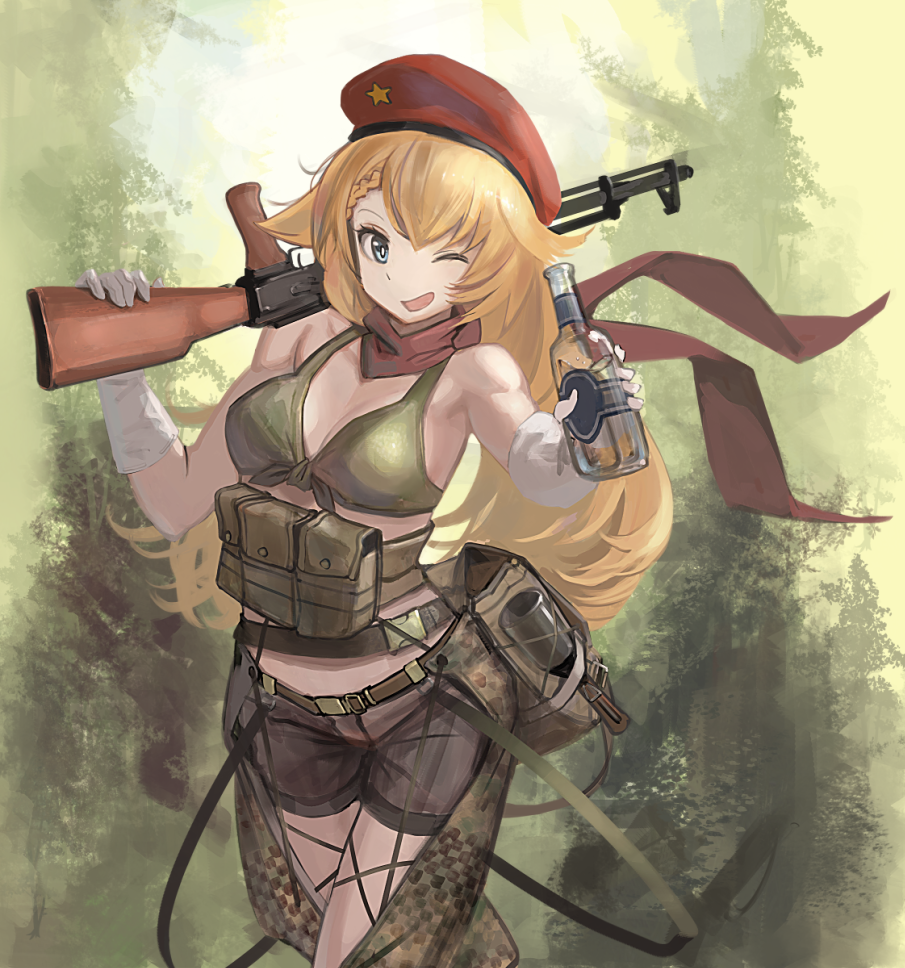 1girl ak-47 ak47_(girls_frontline) assault_rifle bangs belt beret blonde_hair blue_eyes bottle bra breasts cleavage explosive front-tie_bikini front-tie_top fur_hat girls_frontline gloves green_background green_bra grenade gun hat holding holding_gun holding_weapon kesomaru long_hair muscle one_eye_closed open_mouth pouch red_hat red_scarf rifle scarf shorts smile solo underwear ushanka weapon white_gloves