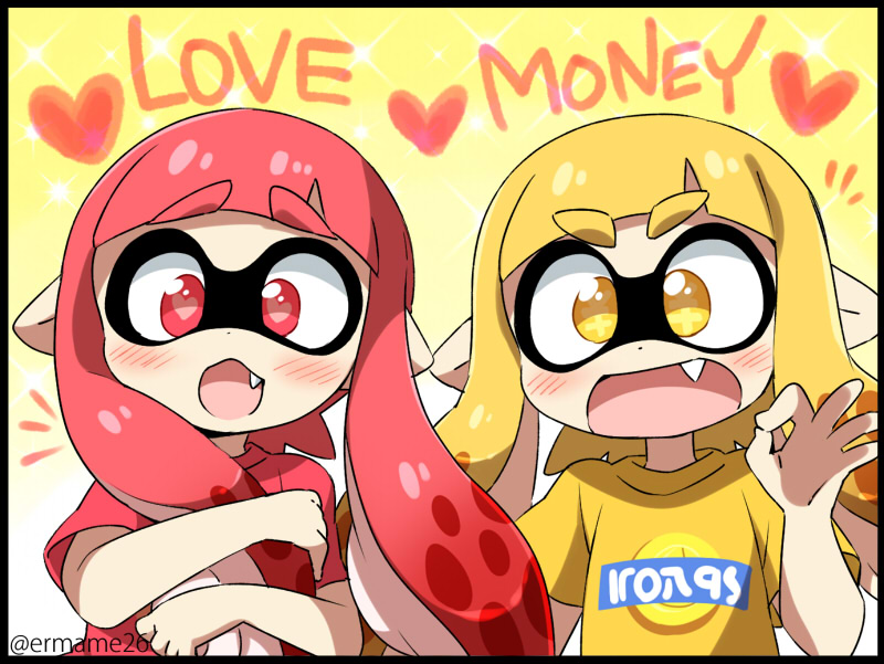 2girls :d black_border blonde_hair blush border domino_mask english_text eromame fang heart heart-shaped_pupils inkling mask money_gesture multiple_girls object_hug open_mouth pointy_ears red_eyes redhead shirt smile splatoon splatoon_(series) splatoon_1 symbol-shaped_pupils symbol_in_eye tentacle_hair yellow_eyes yen_sign