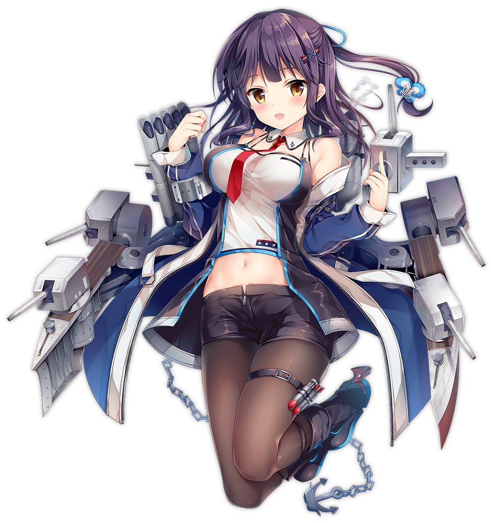 1girl @_@ anchor azur_lane bangs bare_shoulders belt black_legwear blue_coat blush bodysuit boots breasts cannon chains coat covered_nipples detached_collar dress floating_hair gloves groin hair_ornament hairclip holding holding_weapon large_breasts long_hair long_sleeves midriff mullany_(azur_lane) navel necktie off_shoulder official_art open_clothes open_coat open_dress open_mouth pantyhose purple_hair purple_shorts red_neckwear rigging rudder_footwear see-through short_shorts shorts sidelocks smile smoke solo sousouman stomach strapless thigh_strap torpedo_launcher transparent_background trigger_discipline tubetop unzipped weapon wind x_hair_ornament zipper