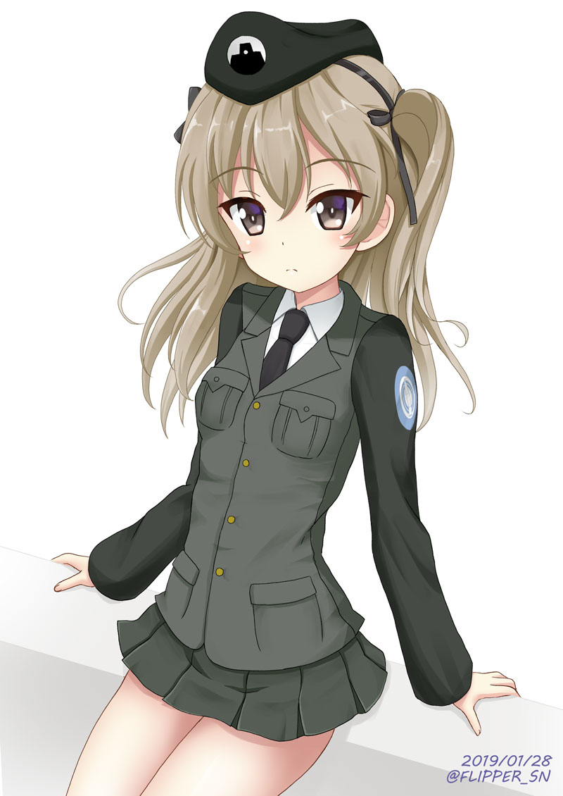 1girl arm_support bangs beret black_hat black_jacket black_neckwear breast_pocket breasts brown_eyes brown_hair closed_mouth collared_shirt commentary_request dated emblem eyebrows_visible_through_hair fingernails flipper girls_und_panzer green_skirt hair_between_eyes hat jacket long_hair long_sleeves necktie one_side_up pleated_skirt pocket selection_university_military_uniform shimada_arisu shirt skirt sleeves_past_wrists small_breasts solo twitter_username white_background white_shirt