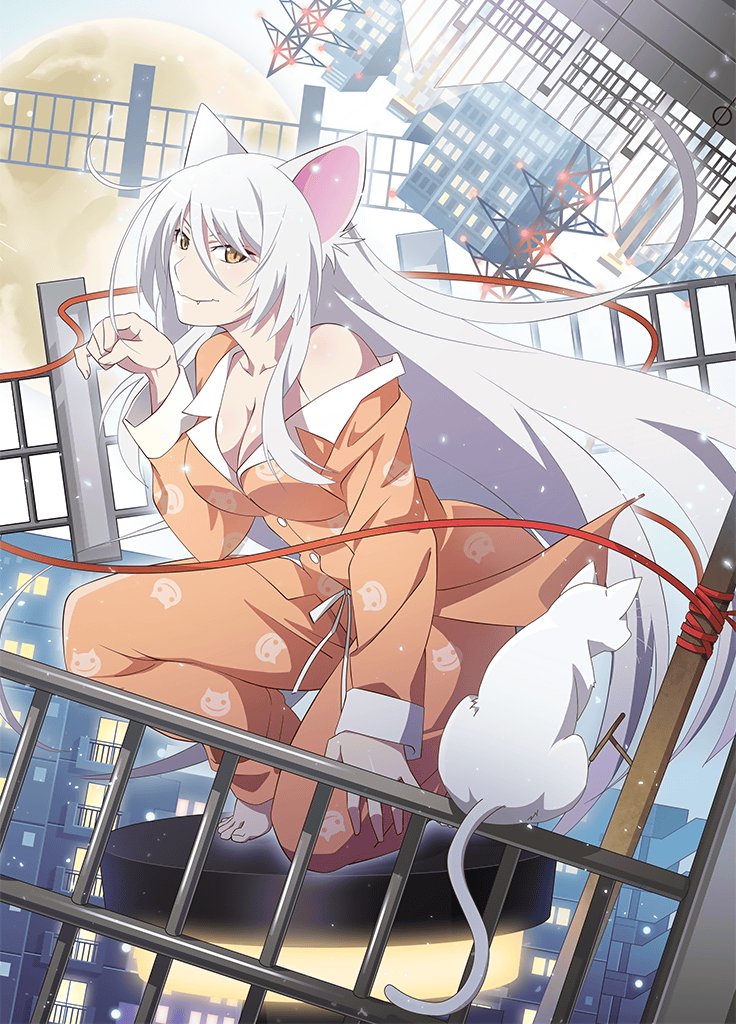 1girl animal animal_ears artist_request bakemonogatari barefoot black_hanekawa breasts cat cat_ears cat_girl cleavage closed_mouth fang hanekawa_tsubasa large_breasts long_hair looking_at_viewer monogatari_(series) official_art pajamas paw_pose slit_pupils solo very_long_hair white_hair yellow_eyes