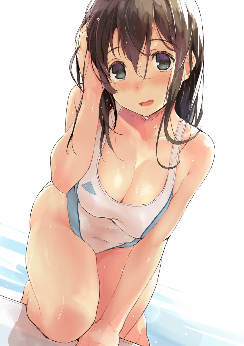 1girl all_fours bangs bare_shoulders black_hair blush breasts cleavage collarbone commentary_request competition_swimsuit covered_navel eyebrows_visible_through_hair green_eyes hair_between_eyes hand_on_own_face highres kekemotsu large_breasts long_hair looking_at_viewer navel one-piece_swimsuit open_mouth original simple_background smile solo swimsuit water wet wet_clothes wet_swimsuit white_background white_swimsuit