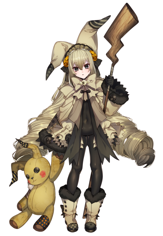 1girl :o animal_ears black_eyes boots creatures_(company) flat_chest full_body game_freak gen_1_pokemon gen_7_pokemon gloves grey_hair katagiri_hachigou long_hair mimikyu nintendo pale_skin personification pikachu pokemon pokemon_(creature) pokemon_(game) pokemon_sm solo staff stuffed_toy