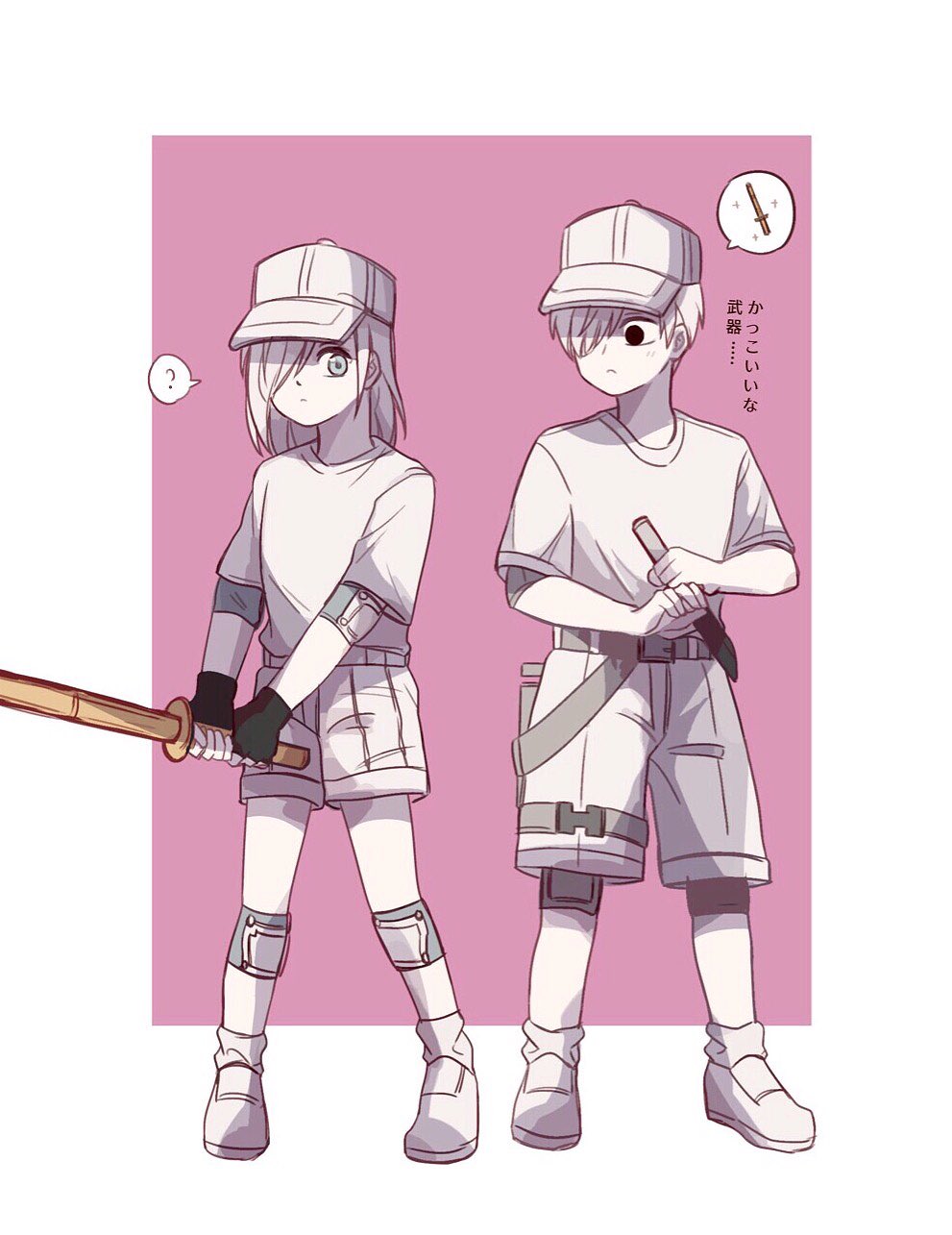 1boy 1girl baseball_cap belt black_eyes fingerless_gloves gloves grey_eyes hair_over_one_eye hat hataraku_saibou hataraku_saibou_black highres kendo_sword knife myelocyte_(hataraku_saibou) shin_guards shirt short_hair t-shirt u-1146 u-1196 white_footwear white_hair white_skin younger