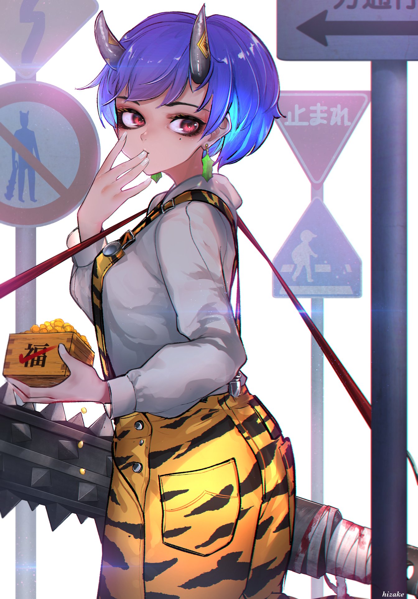 1girl animal_print artist_name bandage bangs blood blue_hair club commentary_request directional_arrow earrings finger_licking from_side grey_shirt highres holding jewelry kanabou kashu_(hizake) leaf_earrings licking long_sleeves looking_at_viewer looking_to_the_side mole mole_under_eye nail_polish ofuda oni oni_horns original pocket print_shorts red_eyes road_sign setsubun shiny shiny_hair shirt short_hair shorts sign solo soybean standing suspender_shorts suspenders tiger_print weapon white_background white_nails wooden_box yellow_shorts