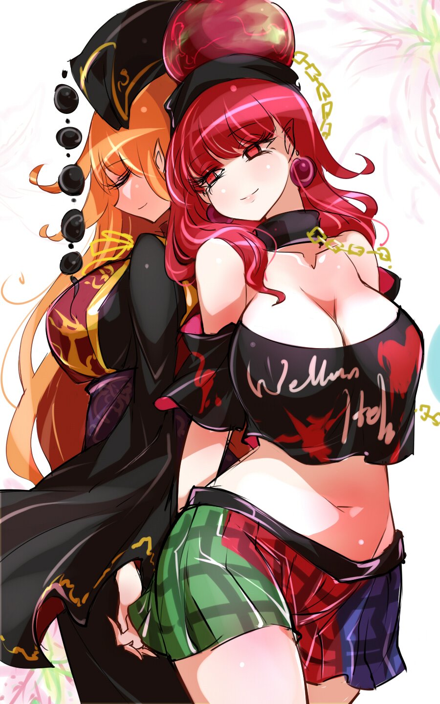 2girls bare_shoulders blonde_hair breasts chain chains choker cleavage closed_eyes clothes_writing collarbone commentary_request cowboy_shot crop_top english_text engrish_text eyebrows_visible_through_hair floral_print flower gold_chain hand_holding hecatia_lapislazuli highres junko_(touhou) large_breasts long_hair looking_at_another midriff miniskirt multicolored multicolored_clothes multicolored_skirt multiple_girls navel off-shoulder_shirt off_shoulder pointy_ears polos_crown ranguage raptor7 redhead ribbon shirt skirt smile tassel touhou white_background wide_sleeves yuri