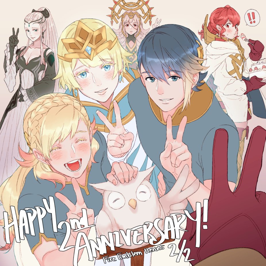 ! 1boy 5girls alfonse_(fire_emblem) anna_(fire_emblem) anniversary bird black_gloves blonde_hair blue_eyes blue_hair braid breasts brother_and_sister cake cleavage closed_eyes closed_mouth copyright_name crown crown_braid dress earrings eating eir_(fire_emblem) feh_(fire_emblem_heroes) fire_emblem fire_emblem_heroes fjorm_(fire_emblem_heroes) food fork from_side gloves gradient_hair grey_hair hair_ornament holding holding_fork jewelry krazehkai long_hair long_sleeves looking_to_the_side medium_breasts multicolored_hair multiple_girls nintendo open_mouth owl parted_lips pink_hair ponytail red_eyes redhead sharena short_hair short_sleeves siblings smile spoken_exclamation_mark summoner_(fire_emblem_heroes) v veronica_(fire_emblem)