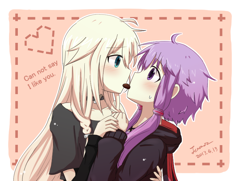 2girls aqua_eyes arm_around_back blonde_hair blush collarbone commentary_request dated english_text face-to-face heart hood hood_down hoodie ia_(vocaloid) jazu long_hair long_sleeves looking_at_another low_twintails mouth_hold multiple_girls purple_hair short_hair_with_long_locks short_sleeves signature sweat twintails upper_body violet_eyes vocaloid yuri yuzuki_yukari