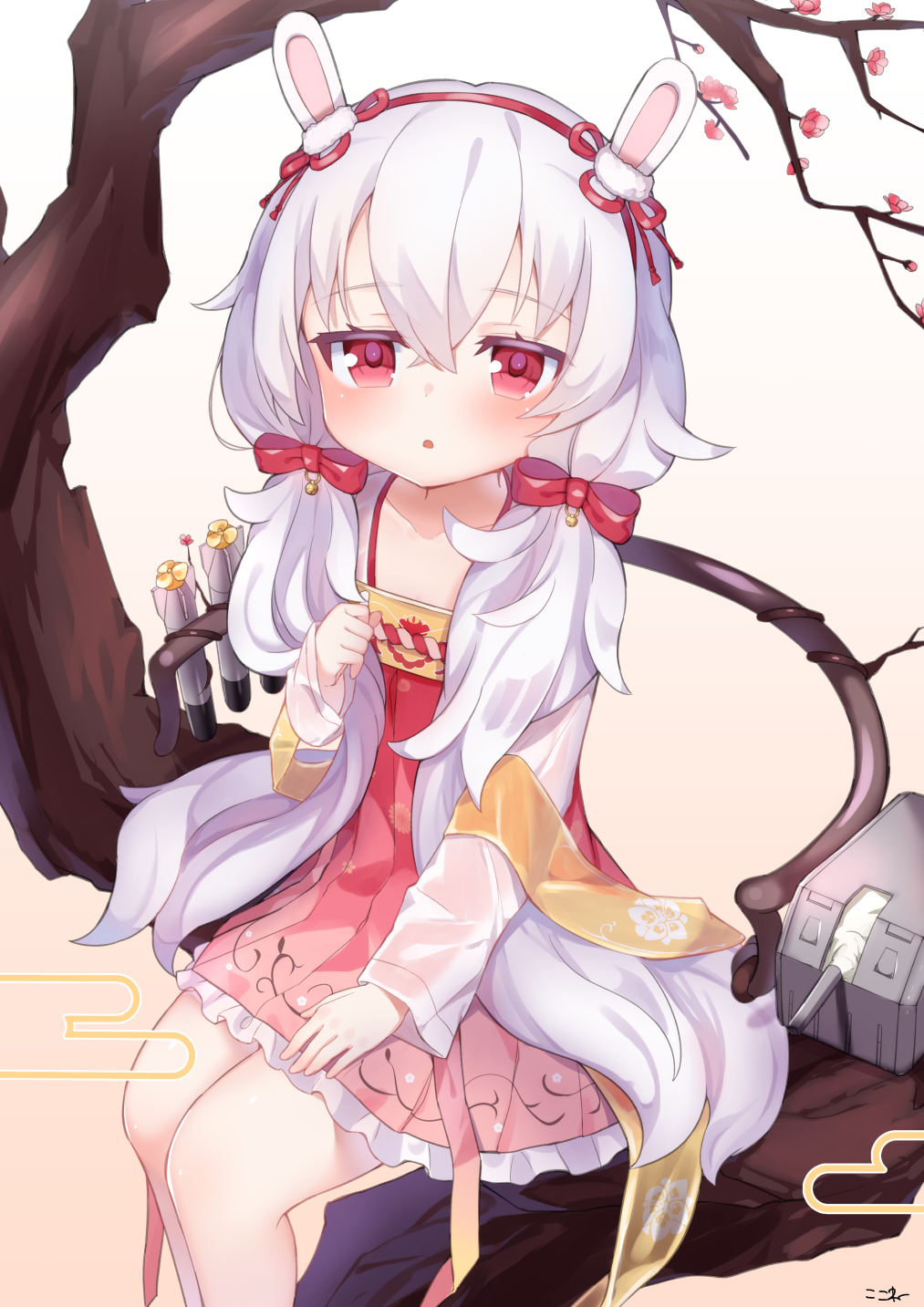 1girl :o animal_ears azur_lane bangs blush bow brown_background cannon collarbone commentary_request dress egasumi eyebrows_visible_through_hair flower frilled_dress frills gradient gradient_background hair_between_eyes hair_bow hairband hand_up highres in_tree jacket koko_ne_(user_fpm6842) laffey_(azur_lane) long_hair long_sleeves looking_at_viewer low_twintails open_clothes open_jacket parted_lips pink_dress pleated_dress rabbit_ears red_bow red_eyes red_flower red_hairband silver_hair sitting sitting_in_tree sleeves_past_wrists solo torpedo tree turret twintails white_background white_jacket