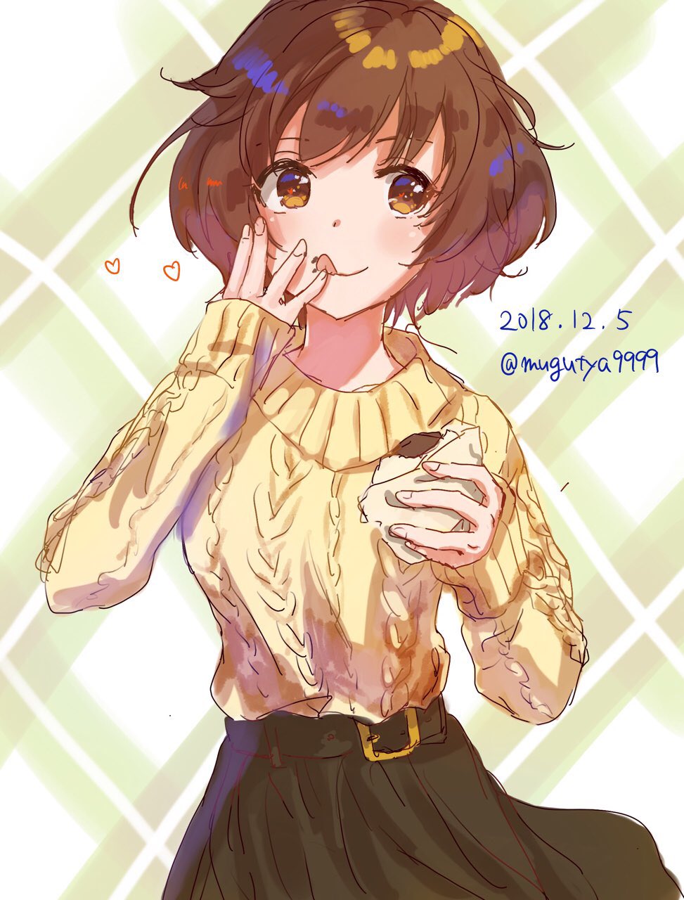 1girl :q akiyama_yukari bangs belt black_belt black_skirt brown_eyes brown_hair casual closed_mouth commentary dated food food_on_face girls_und_panzer heart highres holding holding_food licking_lips long_sleeves looking_at_viewer macho_ojiji medium_skirt messy_hair ribbed_sweater short_hair sketch skirt smile solo standing sweater tongue tongue_out twitter_username upper_body yellow_sweater