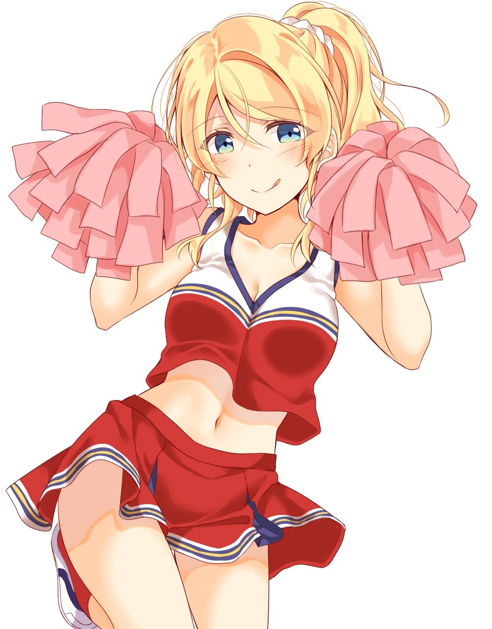 1girl :q ayase_eli blonde_hair blue_eyes blush breasts cheerleader cleavage collarbone commentary_request crop_top hair_between_eyes hair_ornament hair_scrunchie hands_up highres looking_at_viewer love_live! love_live!_school_idol_project medium_breasts midriff miniskirt mogu_(au1127) navel pom_poms ponytail red_eyes red_legwear scrunchie shoes sidelocks simple_background skirt socks solo tongue tongue_out white_background white_scrunchie