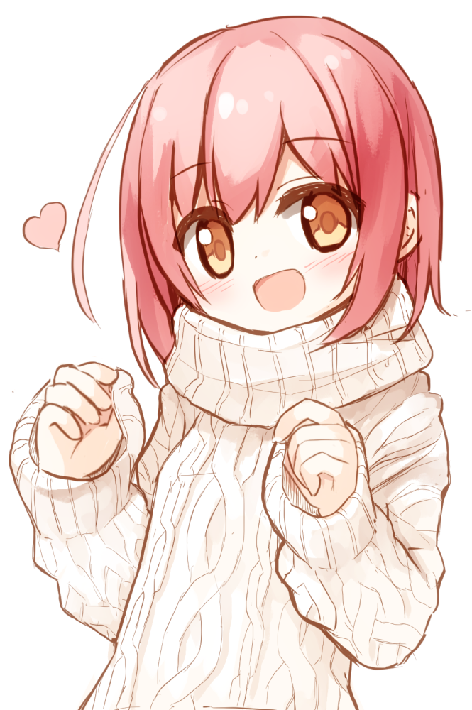 1girl :d aran_sweater bangs blush brown_eyes eyebrows_visible_through_hair hands_up head_tilt heart long_hair long_sleeves looking_at_viewer open_mouth original redhead simple_background sleeves_past_wrists smile solo sweater upper_body white_background white_sweater yuuhagi_(amaretto-no-natsu)