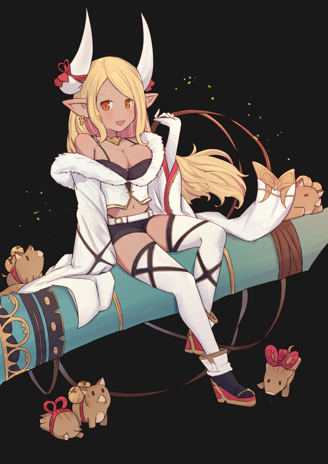 1girl :d animal bangs bell belt black_background black_footwear black_panties black_shorts blonde_hair blush boar boots breasts brown_eyes cleavage commentary_request dark_skin draph earrings elbow_gloves fang forehead fur_trim gloves granblue_fantasy hand_up highleg highleg_panties highres horns jewelry jingle_bell kuvira_(granblue_fantasy) large_breasts long_hair long_sleeves midriff navel off_shoulder open_mouth panties pointy_ears short_shorts shorts simple_background sleeves_past_fingers sleeves_past_wrists smile solo swept_bangs thigh-highs thighhighs_under_boots underwear uneg very_long_hair white_belt white_gloves white_legwear wide_sleeves