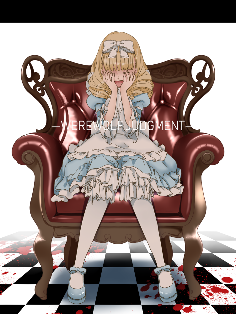 1girl 8041mm bangs blonde_hair bow chair checkered checkered_floor closed_eyes copyright_name crying dress full_body hair_bow jessica_(jinrou_judgment) jinrou_judgment long_hair pantyhose puffy_sleeves simple_background sitting solo white_background white_legwear