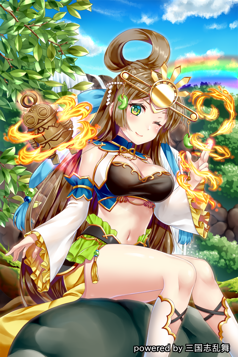 1girl bare_shoulders blue_ribbon blue_sky breasts brown_hair cleavage closed_mouth clouds cloudy_sky crop_top day detached_sleeves doguu feet_out_of_frame frilled_sleeves frills hair_ribbon hair_rings hakuda_tofu hand_up headgear highres jewelry kneehighs knees_together_feet_apart long_hair long_sleeves looking_at_viewer magic medium_breasts midriff nature navel official_art one_eye_closed outdoors rainbow ribbon rock sangokushi_ranbu sidelocks sitting skirt sky sleeves_past_wrists smile solo stomach tassel taut_clothes thighs tree_branch very_long_hair water waterfall watermark white_legwear wide_sleeves yellow_skirt