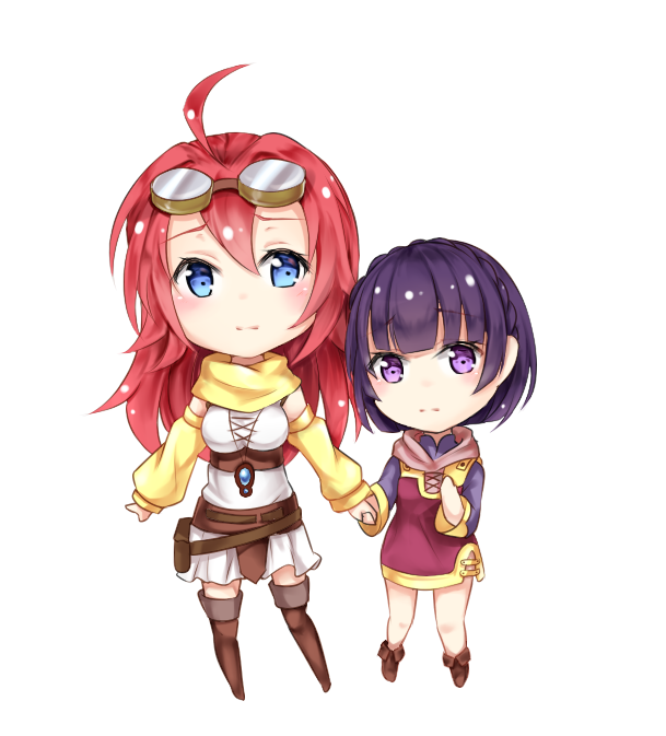 2girls ahoge blue_eyes boots breasts chibi closed_mouth couronne_(no_game_no_life) goggles goggles_on_head hand_holding ikasoke_(likerm6au) large_breasts long_hair multiple_girls no_game_no_life nonna_(no_game_no_life) purple_hair redhead short_hair standing thigh-highs thigh_boots violet_eyes