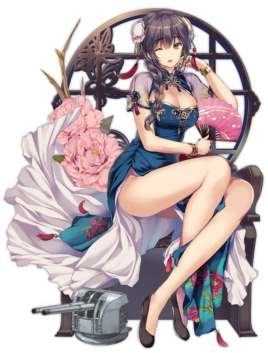 1girl alternate_costume alternate_hairstyle arm_across_waist azur_lane bangle bangs bare_legs black_legwear blue_dress blue_eyes blush bracelet braid breasts bun_cover cannon chair china_dress chinese_clothes cleavage cleavage_cutout closed_mouth crossed_ankles curacoa_(azur_lane) double_bun dress eyebrows_visible_through_hair fan flower folding_fan full_body gold gold_trim hair_between_eyes hair_ornament hand_up highres holding holding_fan jewelry large_breasts long_hair moneti_(daifuku) official_art pelvic_curtain pink_flower purple_hair shiny shiny_skin shoes side_braid sidelocks sitting smile solo thighs turret